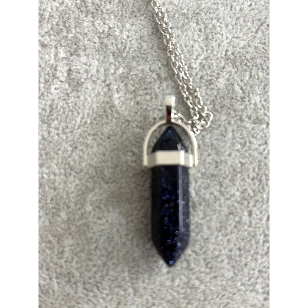 Blue Goldstone Pendant Necklace With Silver-Tone Chain Lobster Clasp Closure 12"